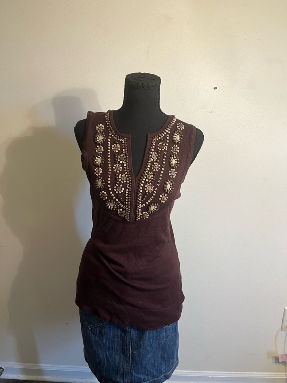 Cache Embellished Sleeveless Brown Top